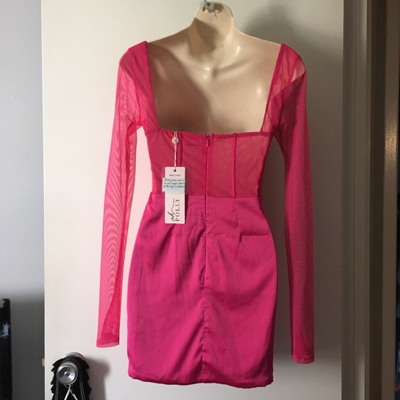 NWT OH POLLY Lorient Pink Satin Corset Push Up Satin + Mesh Sleeve Dress 2 - Picture 8 of 12